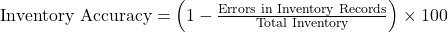 \text{Inventory Accuracy} = \left( 1 - \frac{\text{Errors in Inventory Records}}{\text{Total Inventory}} \right) \times 100%