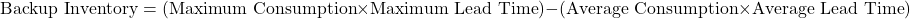 \[ \text{Backup Inventory} = (\text{Maximum Consumption} \times \text{Maximum Lead Time}) - (\text{Average Consumption} \times \text{Average Lead Time}) \]