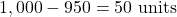 \[ 1,000 - 950 = 50 \text{ units} \