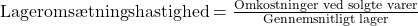 \text{Lageromsætningshastighed} = \frac{\text{Omkostninger ved solgte varer}}{\text{Gennemsnitligt lager}}