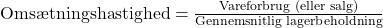 \text{Omsætningshastighed} = \frac{\text{Vareforbrug (eller salg)}}{\text{Gennemsnitlig lagerbeholdning}}